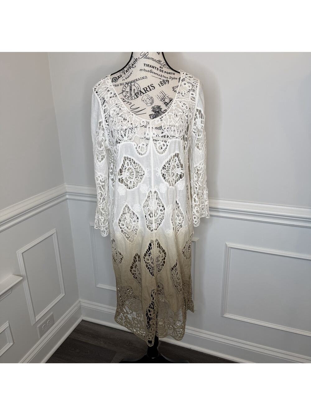 Yest Women’s Crochet/Fabric Cover-Up Dress Long Sleeve Ivory & Brown Size 6